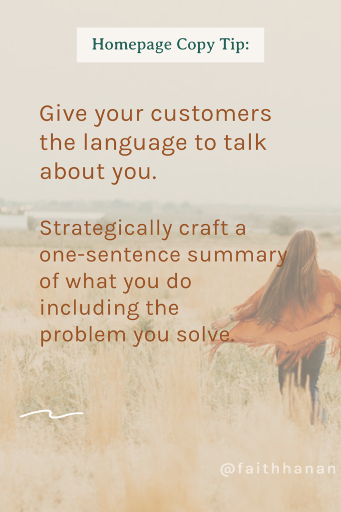 tall woman with long hair dancing in a field behind a quote graphic saying "homepage copy tip: give your customers the language to talk about you"