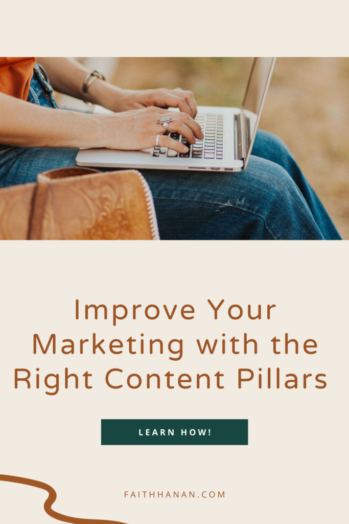 image of womans hands typing on a macbook computer followed by words, "improve your marketing with the right content pillars."
