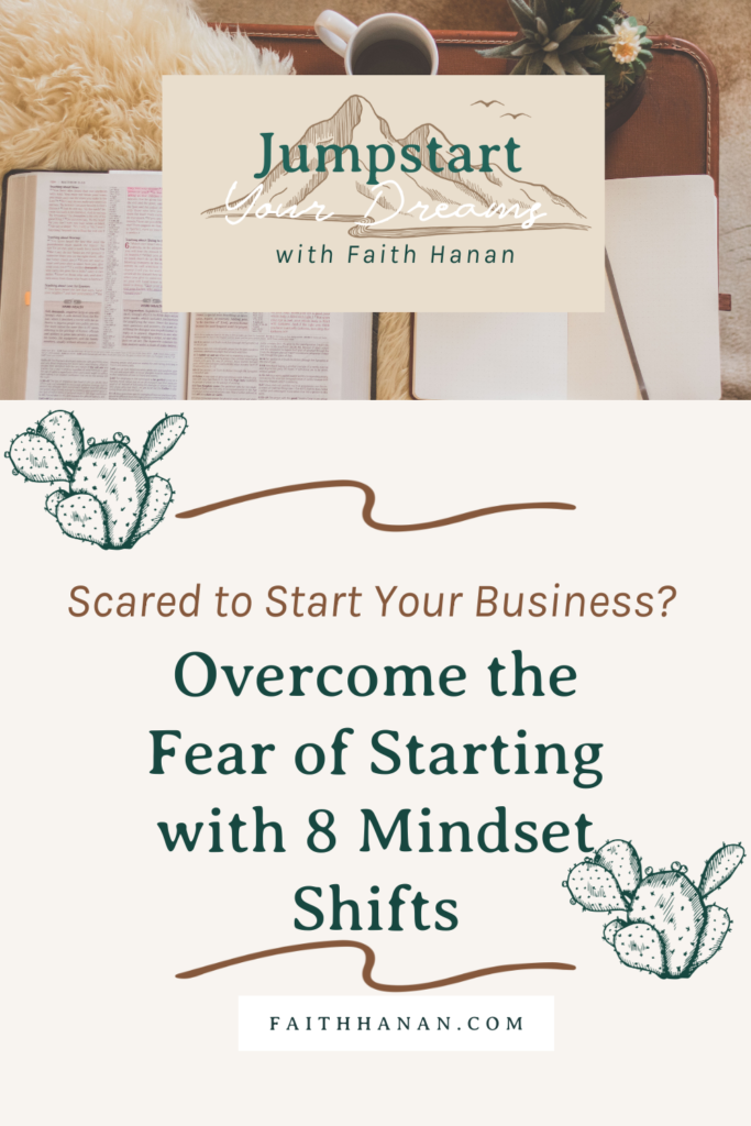 Bible, notebook, coffee, and cactus as background for graphic, overcoming fear of starting with 8 mindset shifts