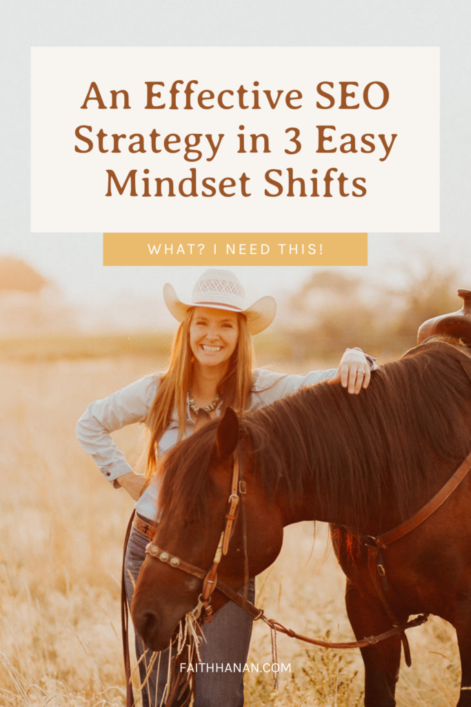 Smiling woman with long brown hair leans on horse as she teaches us an effective seo strategy for small businesses