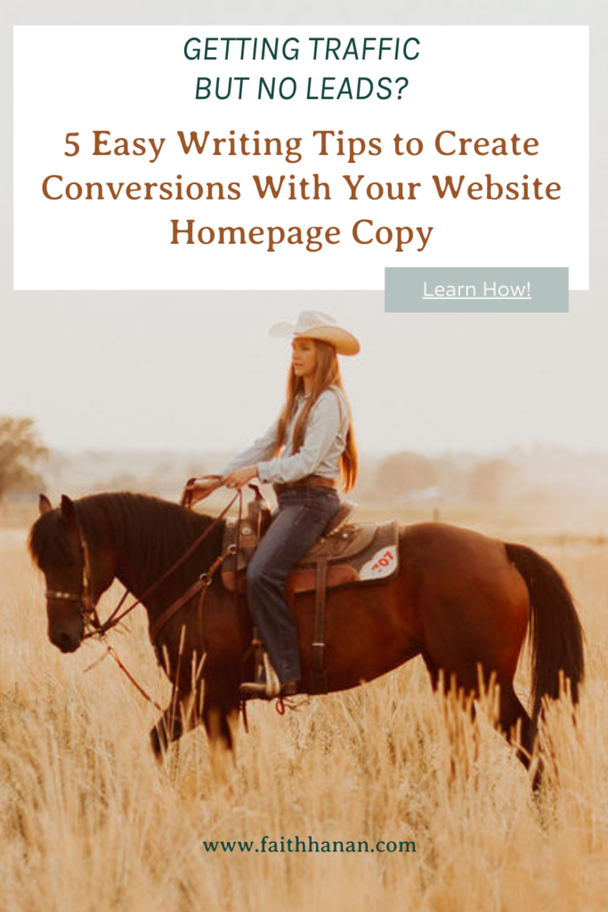 Woman with a cowboy hat on and long brown hair riding a horse teaching small businesses 5 website copywriting tips to create conversions for your website