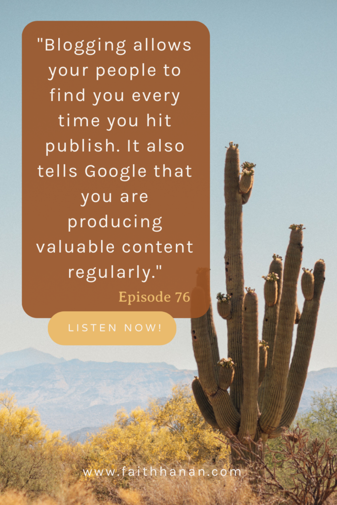 Cactus with text to teach time-saving tips reads "blogging allows your people to find you every time you hit publish. It also tells Google that you are producing valuable content regularly."