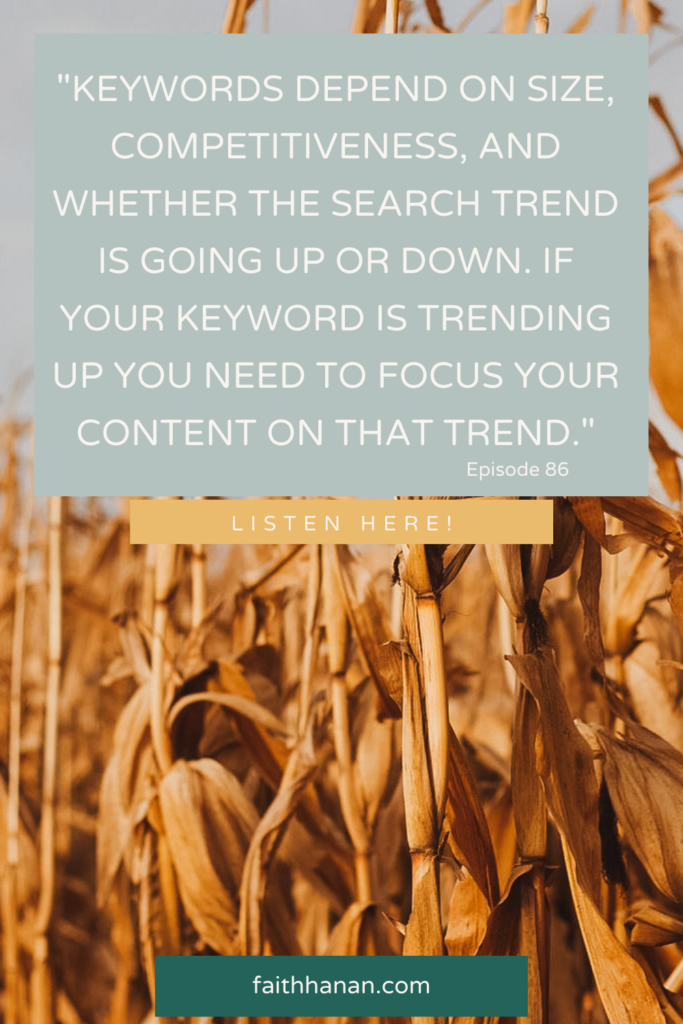 Cornfield with text that reads "Keywords depend on size, competitiveness, and whether the search trend is going up or down. If your keyword is trending up you need to focus your content on that tread.