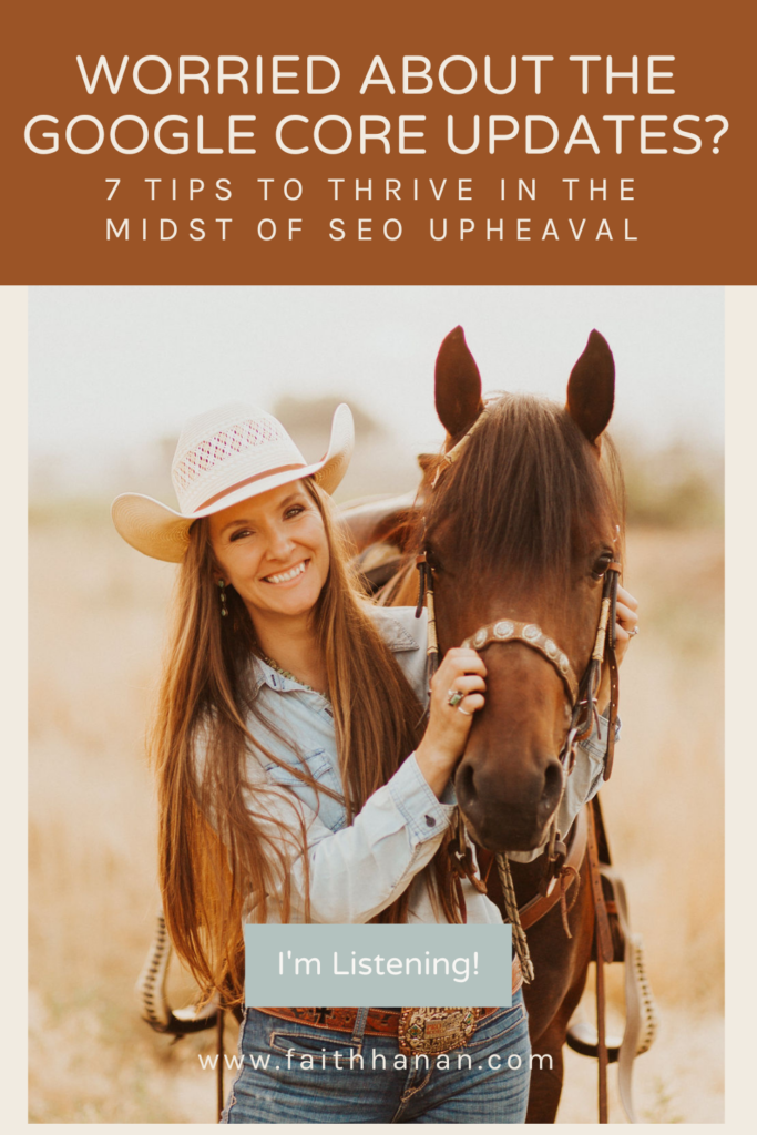 seo-tips-to-thrive-during-google-core-updates-with-image-of-smiling-woman-in-straw-cowboy-hate-holding-her-horse-by-the-halter