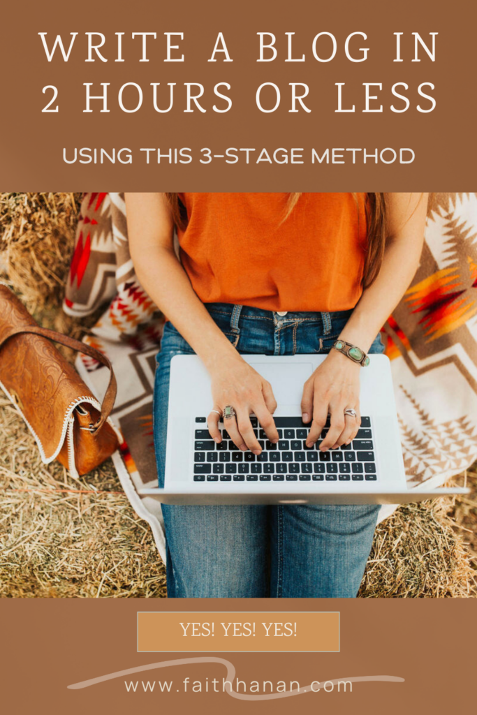 write-a-blog-in-two-hours-or-less-using-this-3-stage-method-with-image-of-woman-typing-on-macbook-while-sitting-on-hay-bales